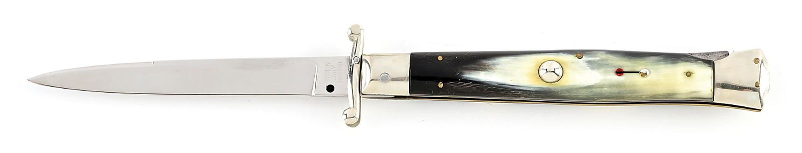 C. 1960S MADE IN ITALY INOXID SWING GUARD LOCK BACK SWITCHBLADE WITH STREAKED BRAZILIAN COW HORN (1 of 8)