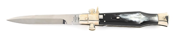 A.G.A. CAMPOLIN ITALY “BLACK WIDOW” FULCRUM LOCK SWITCHBLADE WITH BRAZILIAN COW HORN