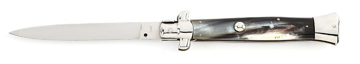 C. 1970S-80S ROSTFREI ITALIAN STILETTO SWIVEL BOLSTER SWITCHBLADE WITH BRAZILIAN COW HORN HANDLES.