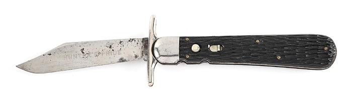 POST 1948. SCHRADE WALDEN, NY. PEACH SEED JIGGED ROUGH BLACK HANDLE HUNTER’S PRIDE FOLDING