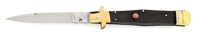C. 1950S-60S UNMARKED FLAT TOP HORN HANDLE SWIVEL BOLSTER BOTTOM BOLSTER SAFETY SWITCHBLADE.