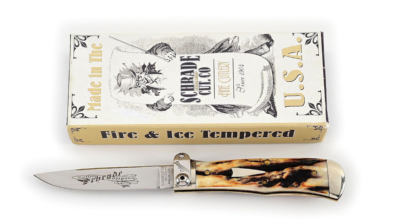 SCHRADE CUT CO. WALDEN, NY FIRE & ICE SUSA6 LEVER LOCK SWITCHBLADE IN ORIGINAL BOX. (1 of 9)