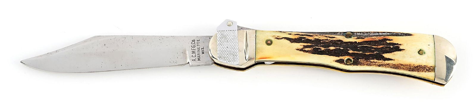 A.C. MFG. CO. MARIENTTE, WIS (AERIAL CUTLERY CO.) STAG HANDLE LEVER LOCK SWITCHBLADE. (1 of 8)