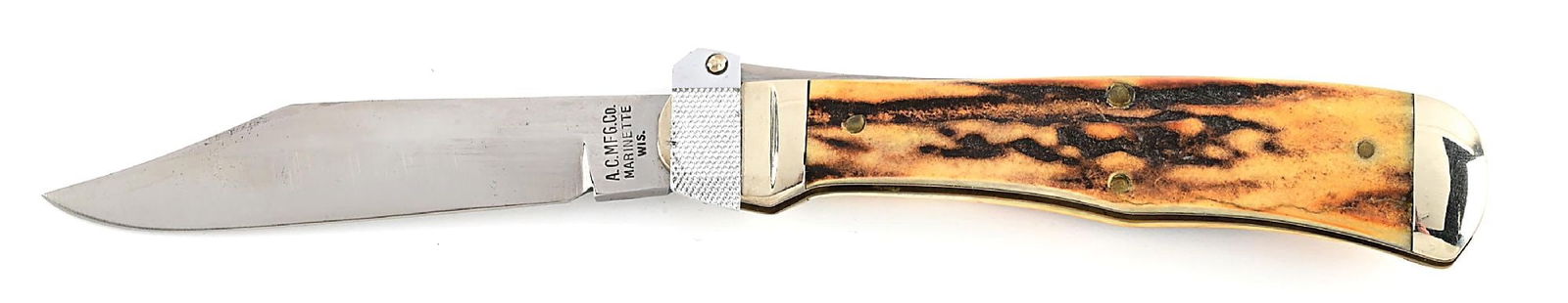 A.C. MFG. CO. MARIENTTE, WIS (AERIAL CUTLERY CO.) STAG HANDLE LEVER LOCK SWITCHBLADE. (1 of 8)