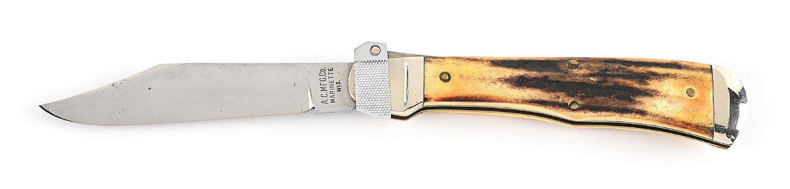 A.C. MFG. CO. MARIENTTE, WIS (AERIAL CUTLERY CO.) STAG HANDLE LEVER LOCK SWITCHBLADE.: Appears unused and unsharpened. Clip blade is tang stamped “JAEGER BROS. MARINETTE, WIS” on obverse and “PAT. OCT 23rd 1916” on reverse. Stag handles. Nickel silver bolsters. S