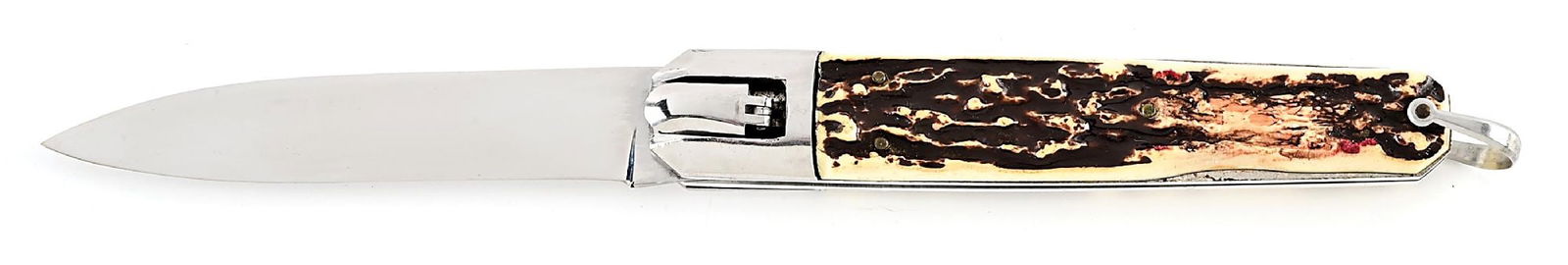 C. 1950S INOX FRENCH LEVER LOCK SWITCHBLADE WITH FAUX STAG HANDLES WITH BAIL. (1 of 6)