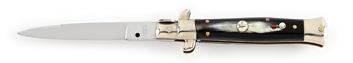 C. 1960S C. JUL HERBERTZ IMPORT 2 ITALIAN STILETTO SWITCHBLADE WITH BRAZILIAN COW HORN HANDLES.