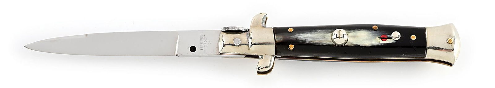 C. 1960S C. JUL HERBERTZ IMPORT 2 ITALIAN STILETTO SWITCHBLADE WITH BRAZILIAN COW HORN HANDLES.: Appears unused and unsharpened. The blade tang is stamped “C. JUL HERBERTZ IMPORT 2” on obverse. Transition blade. Brazilian cow horn grip scales. Nickel silver bolsters and brass liners.