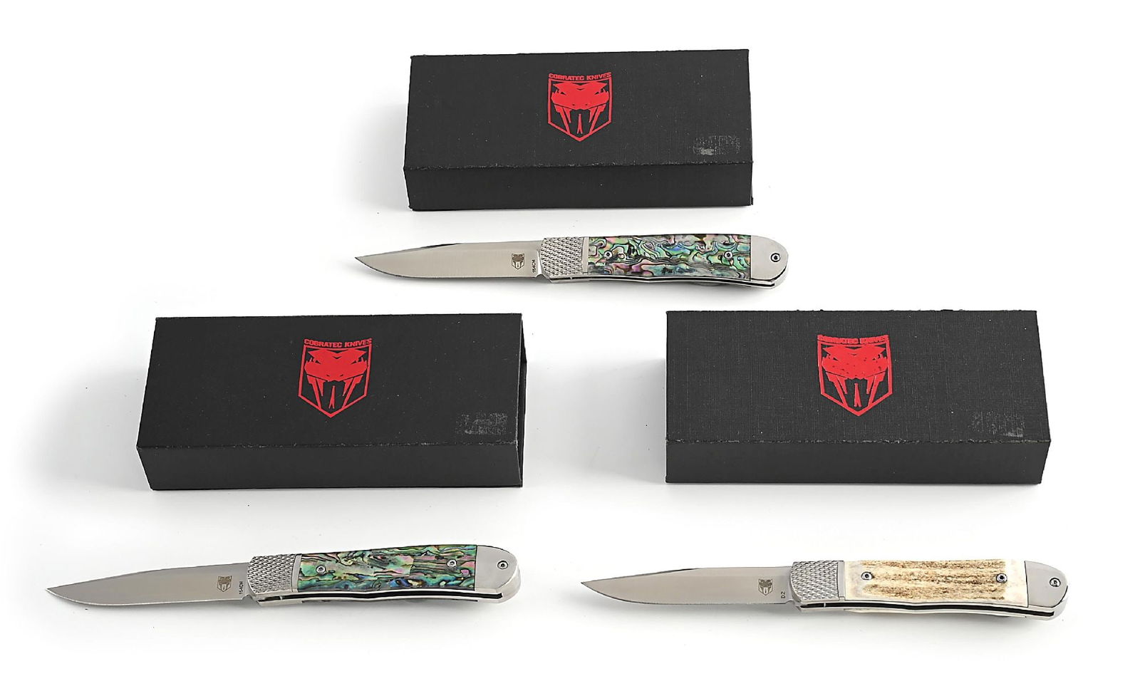 LOT OF 3: COBRATEC AUTOMATIC SWITCHBLADES, ABALONE & STAG HANDLES IN ORIGINAL BOXES. (1 of 11)