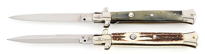 LOT OF 2: INOX SWIVEL BOLSTER STILETTO SWITCHBLADE WITH BRAZILIAN COW HORN HANDLES AND DISCONTINUED