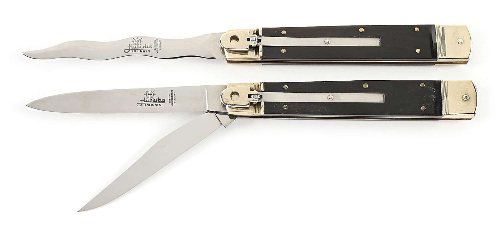 LOT OF 2: C.1970S-90S HUBERTUS SOLINGEN GERMANY ROSTFREI BUFFALO HORN LARGE SLIMLINE SWITCHBLADES. (1 of 8)