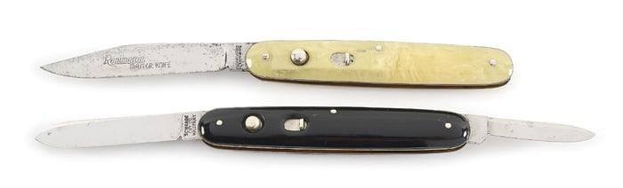 LOT OF 2: ETCHED REMINGTON R8055 SWITCHBLADE AND A SCHRADE CUT CO. DOUBLE BLADE SWITCHBLADE.