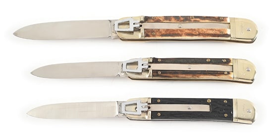 LOT OF 3: C.1960S-70S BONSA SOLINGEN GERMANY SPRINGER ROSTFREI STAG HANDLE LEVER LOCK SWITCHBLADES.