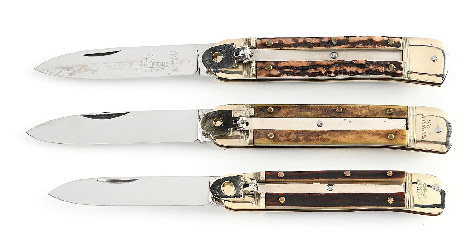 LOT OF 3: C.1960S-70S WEIDMANNSHEIL AND HUBERTUS STAG HANDLE LEVER LOCK SWITCHBLADE SPRINGERS. (1 of 13)