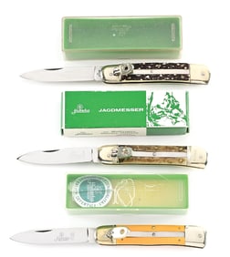 LOT OF 3: C.1950S-90S HUBERTUS STAG SPRINGER LEVER LOCK SWITCHBLADES.