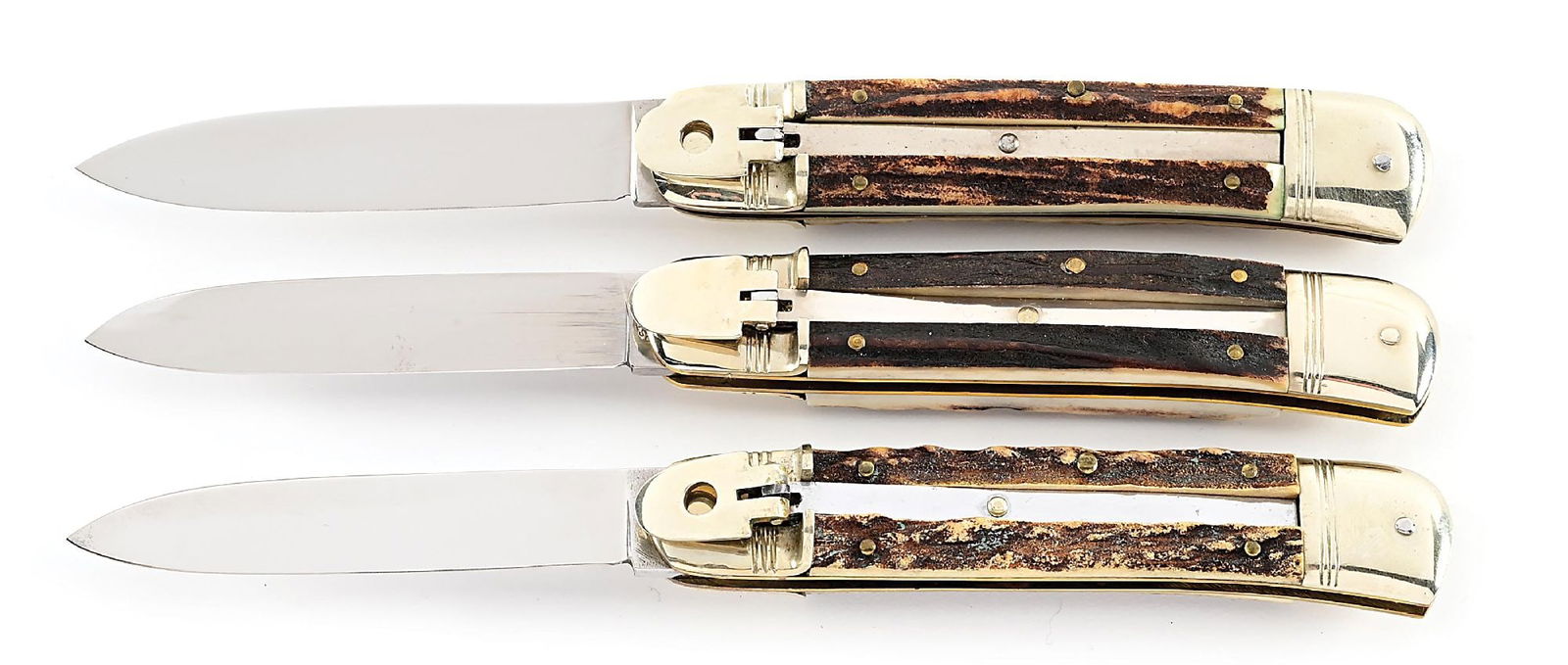 LOT OF 3: C. 1970S-80S ROBT. KLAAS KISSING CRANE STAG HANDLE LEVER LOCK SWITCHBLADES. (1 of 12)