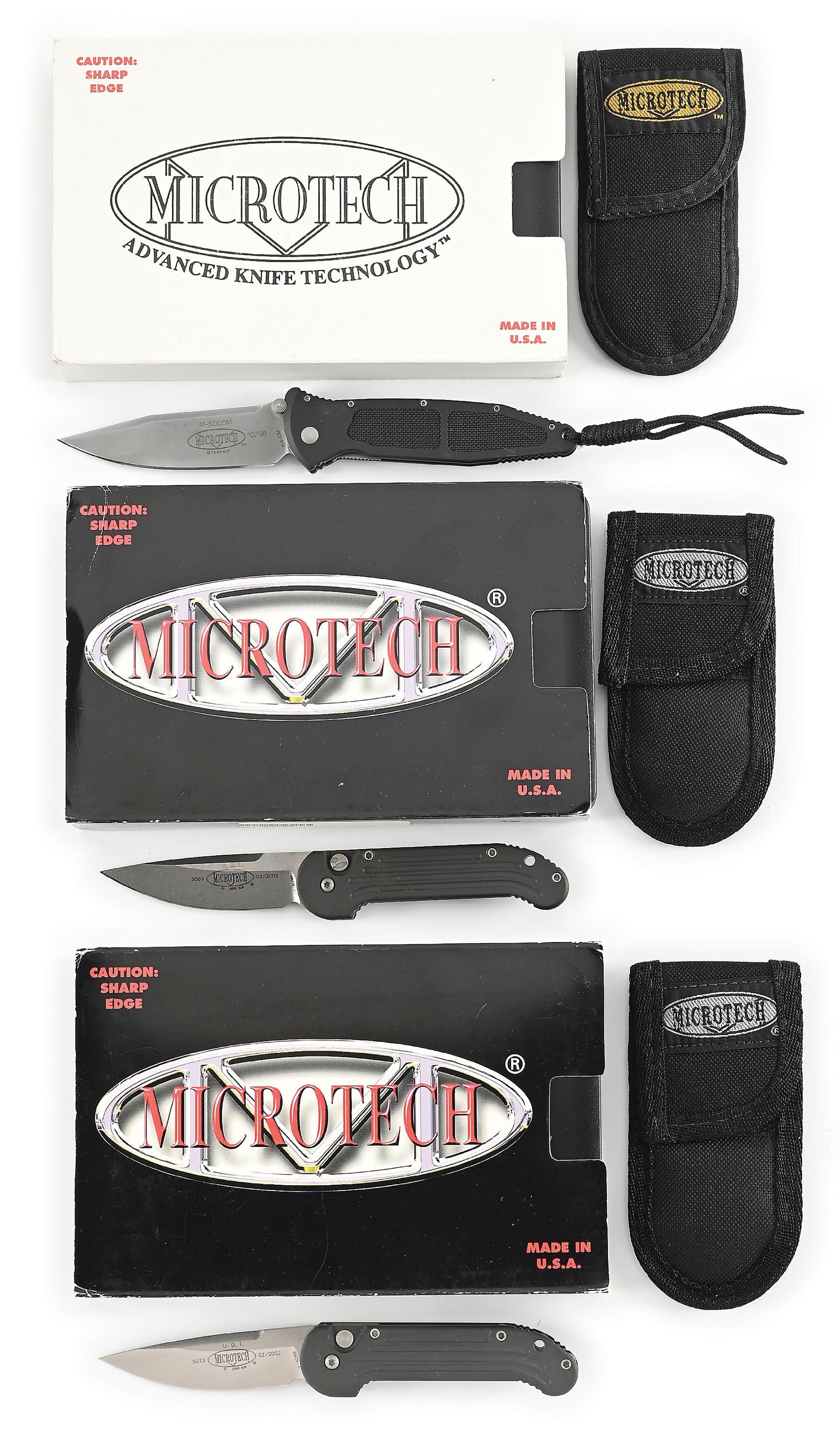 LOT OF 3: MICROTECH MINI SOCOM AND 2 UDT PUSH BUTTON AUTOMATICS. (1 of 9)