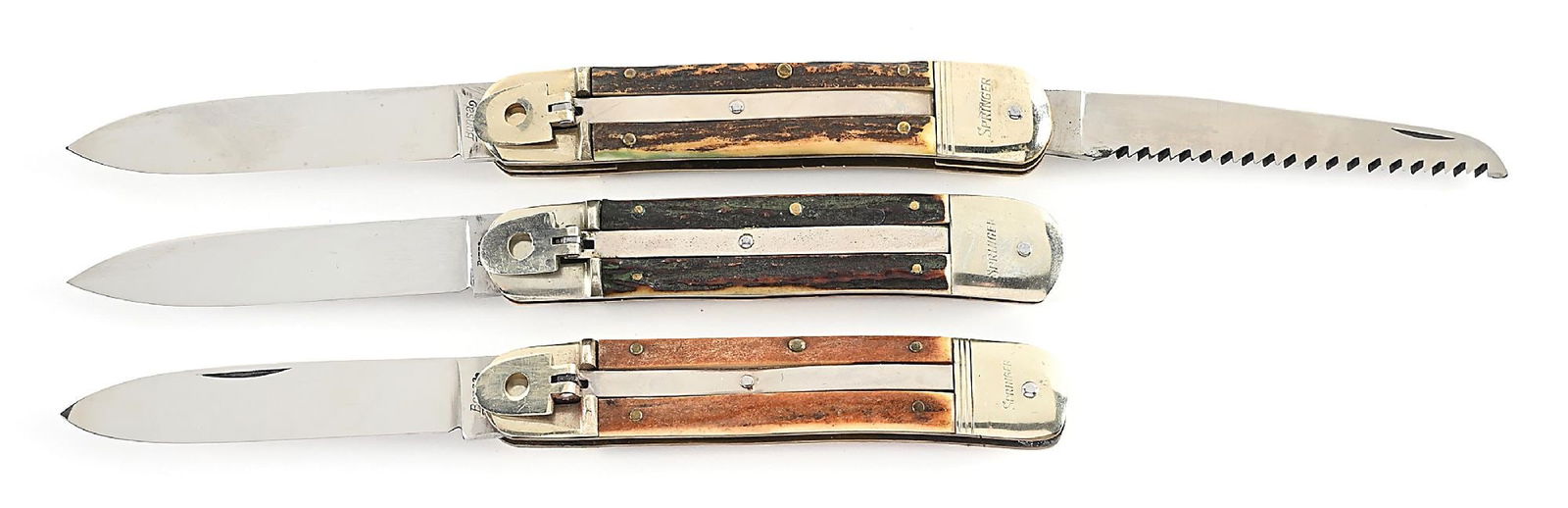 LOT OF 3: C.1960S-70S BONSA SOLINGEN GERMANY SPRINGER ROSTFREI STAG HANDLE LEVER LOCK SWITCHBLADES. (1 of 13)