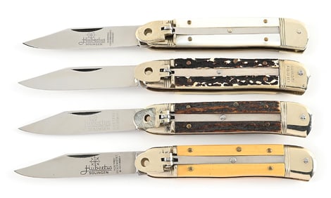 LOT OF 4: C.1970S-90S HUBERTUS STAG, MOTHER OF PEARL, AND GOLD MICARTA LEVER LOCK LILPUT SPRINGER