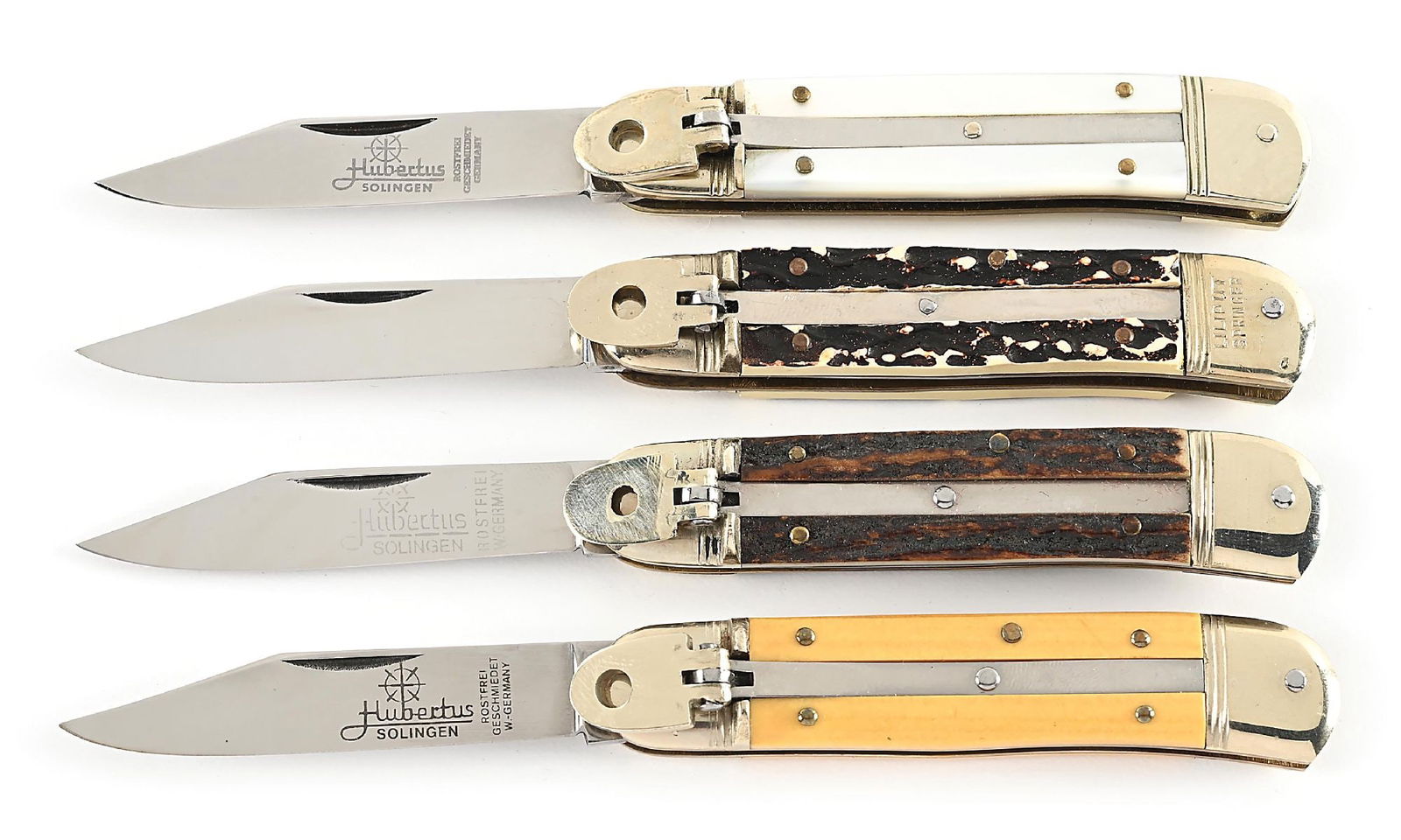 LOT OF 4: C.1970S-90S HUBERTUS STAG, MOTHER OF PEARL, AND GOLD MICARTA LEVER LOCK LILPUT SPRINGER (1 of 11)