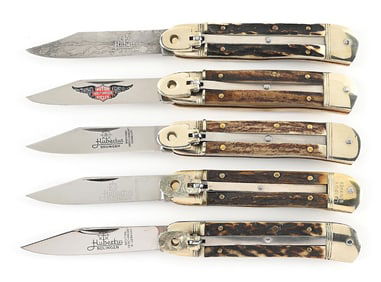 LOT OF 5: C. 1950S-80S HUBERTUS LEVER LOCK SWITCHBLADES INCLUDING ETCHINGS, DAMASCUS, AND LILIPUT