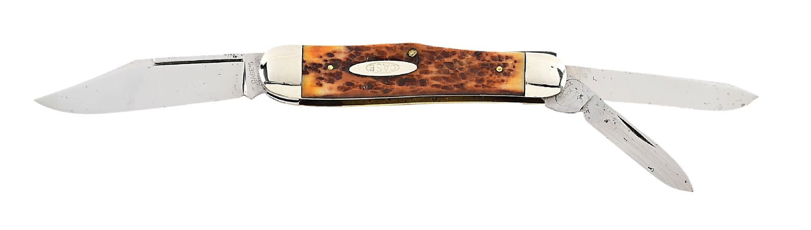 C. PRE-1915 CASE BRADFORD, PA 6346-1/2 THREE BACK SPRING WHITTLER WITH OLD ROGERS BONE HANDLES: Appears unused and unsharpened. Long Pull main blade is tang stamped “CASE Bradford, PA” on the obverse. Long SPEY blade is tang stamped “6346”, Pen blade is tang stamped ̶