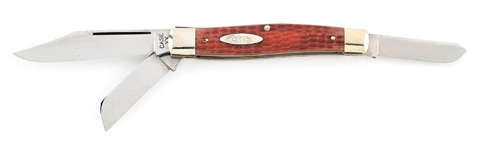 C. 1940-1964 CASE XX 6375LP STOCKMAN LONG PULL MAIN BLADE WITH JIGGED RED BONE HANDLES.