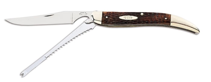 C. 1920-1940 CASE’S STAINLESS 62095F FISHING KNIFE WITH GREEN BONE HANDLES.