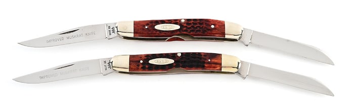 LOT OF 2: CASE XX USA HAWBAKER SPECIAL IMPROVED MUSKRATS WITH REDDISH BONE HANDLES.