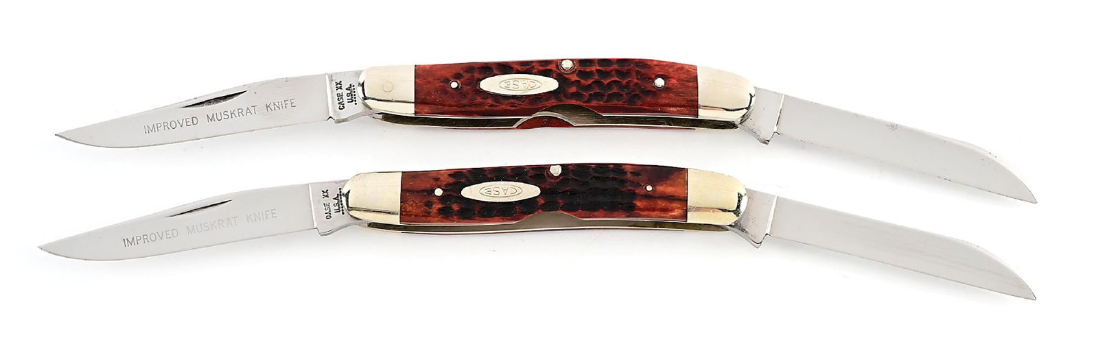 LOT OF 2: CASE XX USA HAWBAKER SPECIAL IMPROVED MUSKRATS WITH REDDISH BONE HANDLES. (1 of 9)