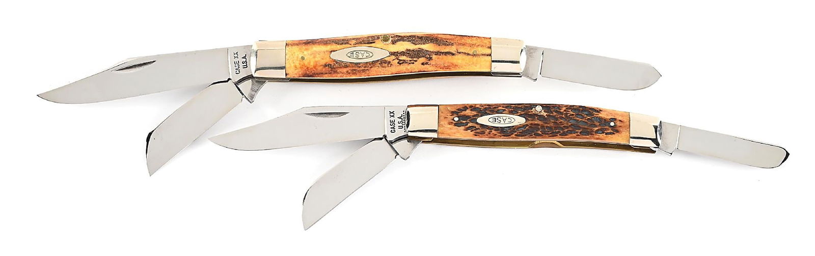 LOT OF 2: CASE XX USA 5375 AND CASE XX USA 10 DOT 6392 STAG STOCKMANS.: Lot consists of: (A) C. 1965-1969 5375 XX USA stag large stockman. Appears unused. And unsharpened. The main blade is tang stamped “CASE XX USA” on obverse and “5375” on revers