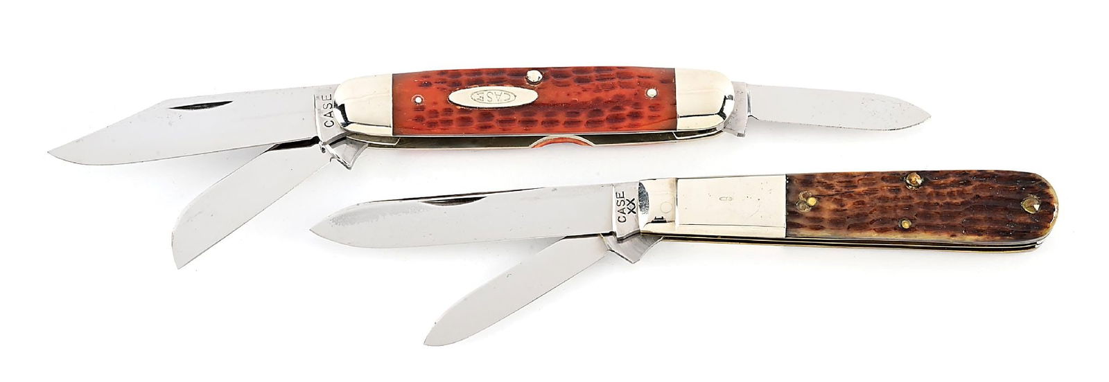 LOT OF 2: CASE XX 6205 PRE-1949 GREEN BONE BARLOW AND CASE XX 6345-1/2 RED BONE CATTLEMAN. (1 of 8)