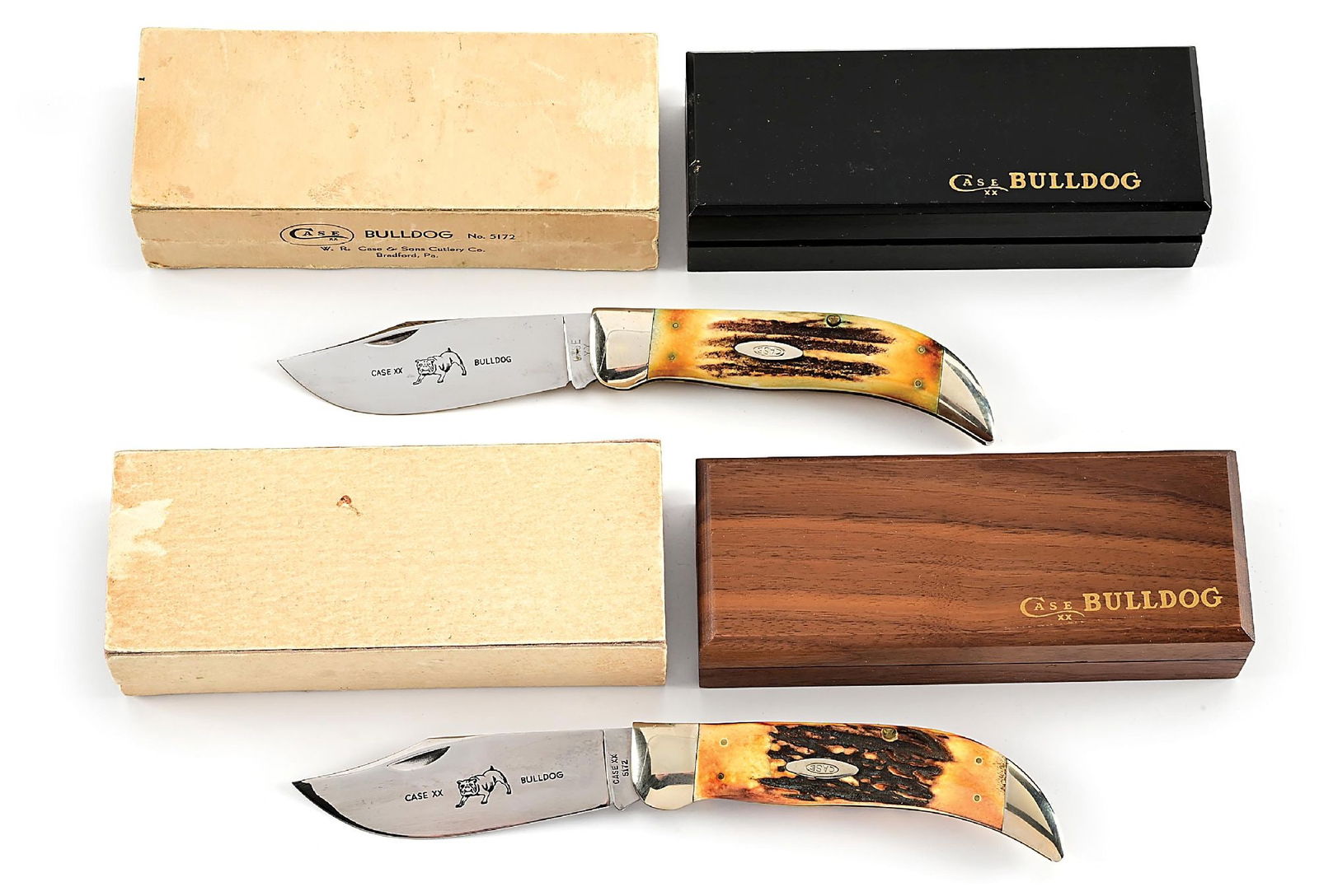 LOT OF 2: CASE XX BULLDOG STAG FOLDING HUNTER CLASP KNIVES IN ORIGINAL WOODEN BOXES WITH SLEEVES. (1 of 10)