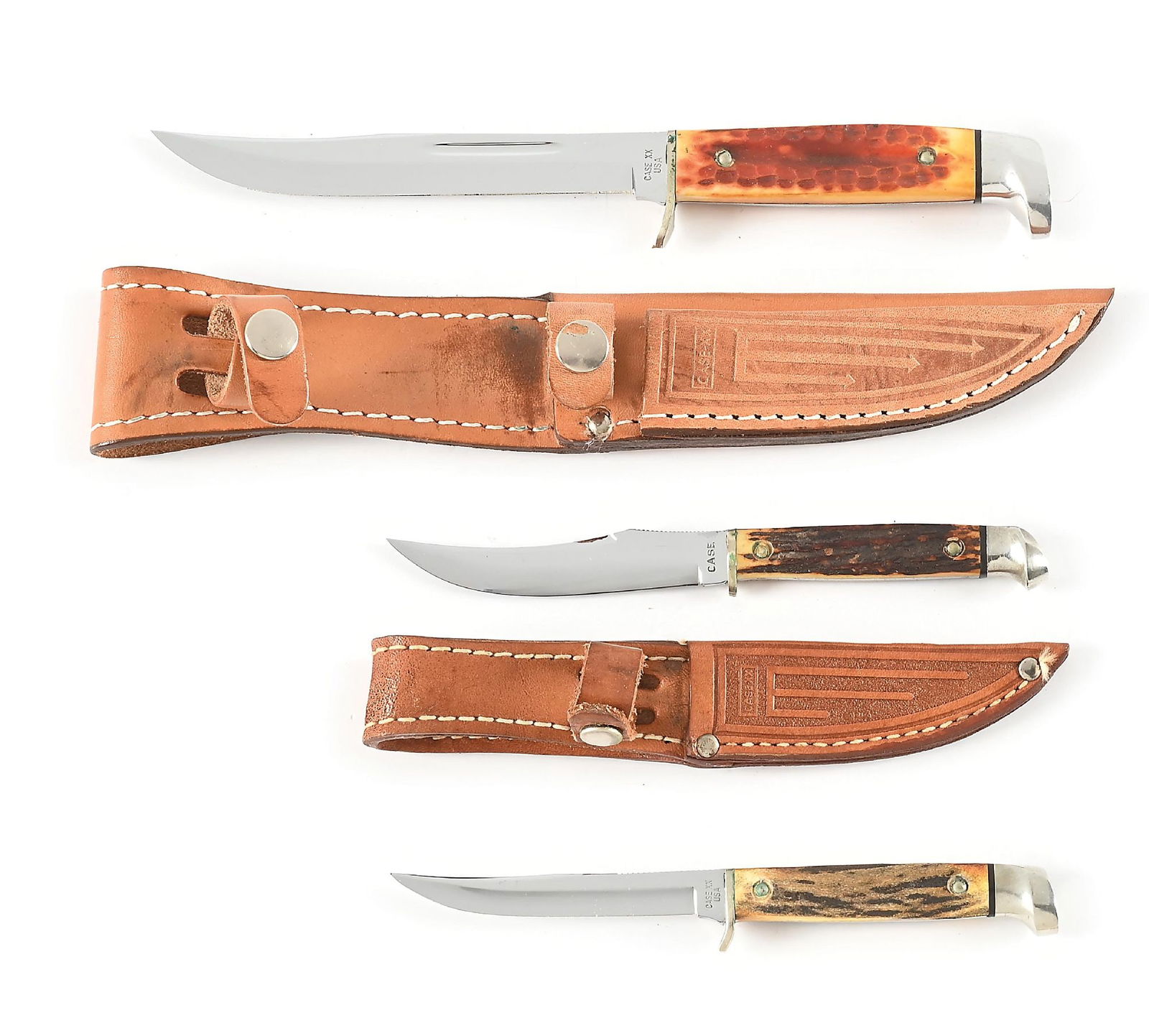 LOT OF 2: CASE XX AND XX USA STAG SECOND CUT STAG HANDLE HUNTING KNIVES. STAG PIGGYBACK SET AND (1 of 7)