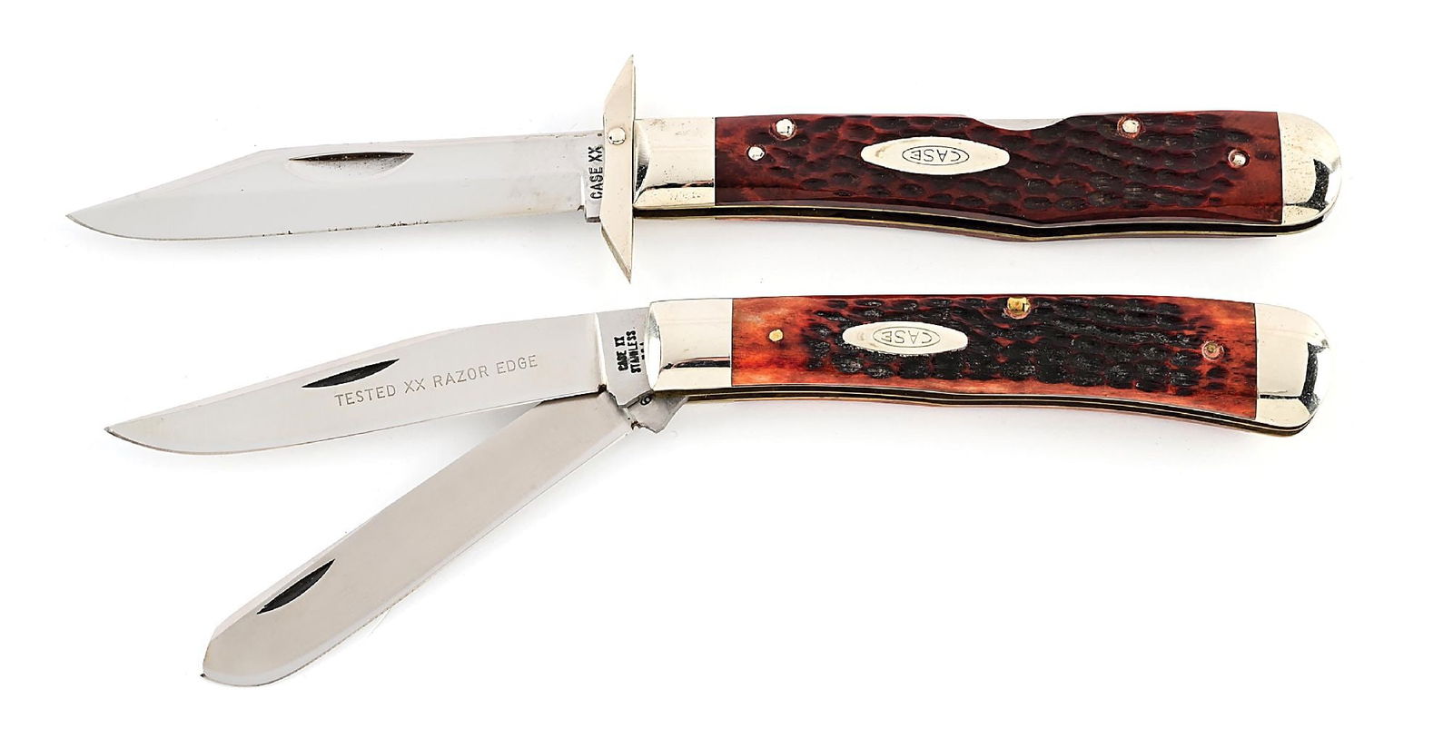 LOT OF 2: CASE XX USA SIX DOT 6111-1/2L FOLDING GUARD CHEETAH AND CASE XX STAINLESS USA 6254SSP 10: Lot consists of: (A) C. 1965-1969 CASE XX USA 6111-1/2L XX USA reddish bone CHEETAH folding guard. Appears unused and unsharpened. The main blade is tang stamped “CASE XX USA” with 6 dots