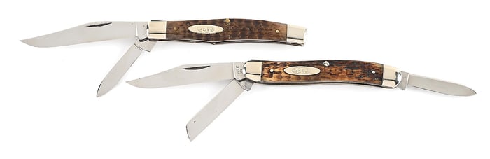 LOT OF 2: CASE TESTED XX 6332 GREEN BONE STOCKMAN AND CASE XX 6318HE GREEN BONE STOCKMAN.