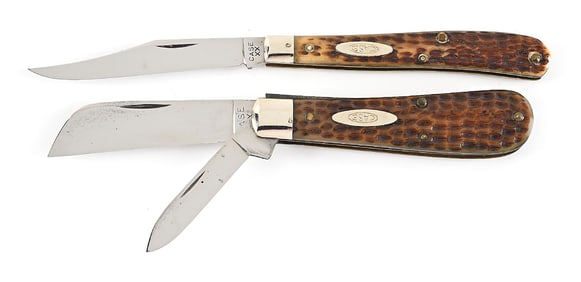 LOT OF 2: CASE XX 61048 GREEN BONE HANDLE SLIM TRAPPER FARMER’S KNIFE AND CASE XX 6217 LOOM