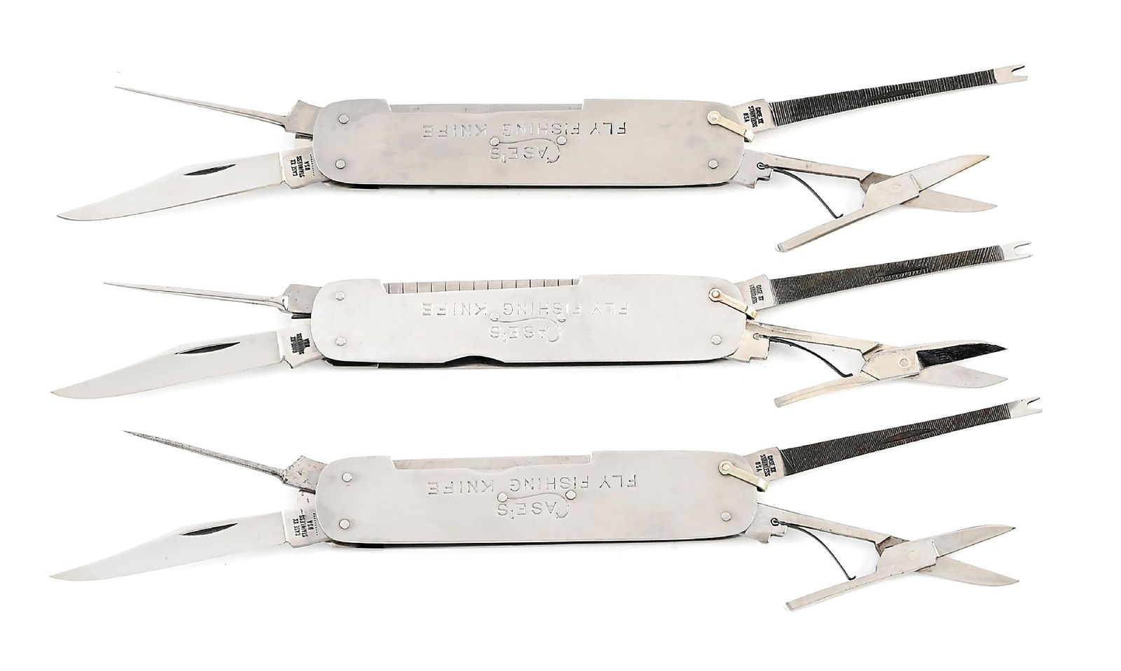LOT OF 3: CASE XX STAINLESS CASE’S FLY FISHING KNIVES. (1 of 8)