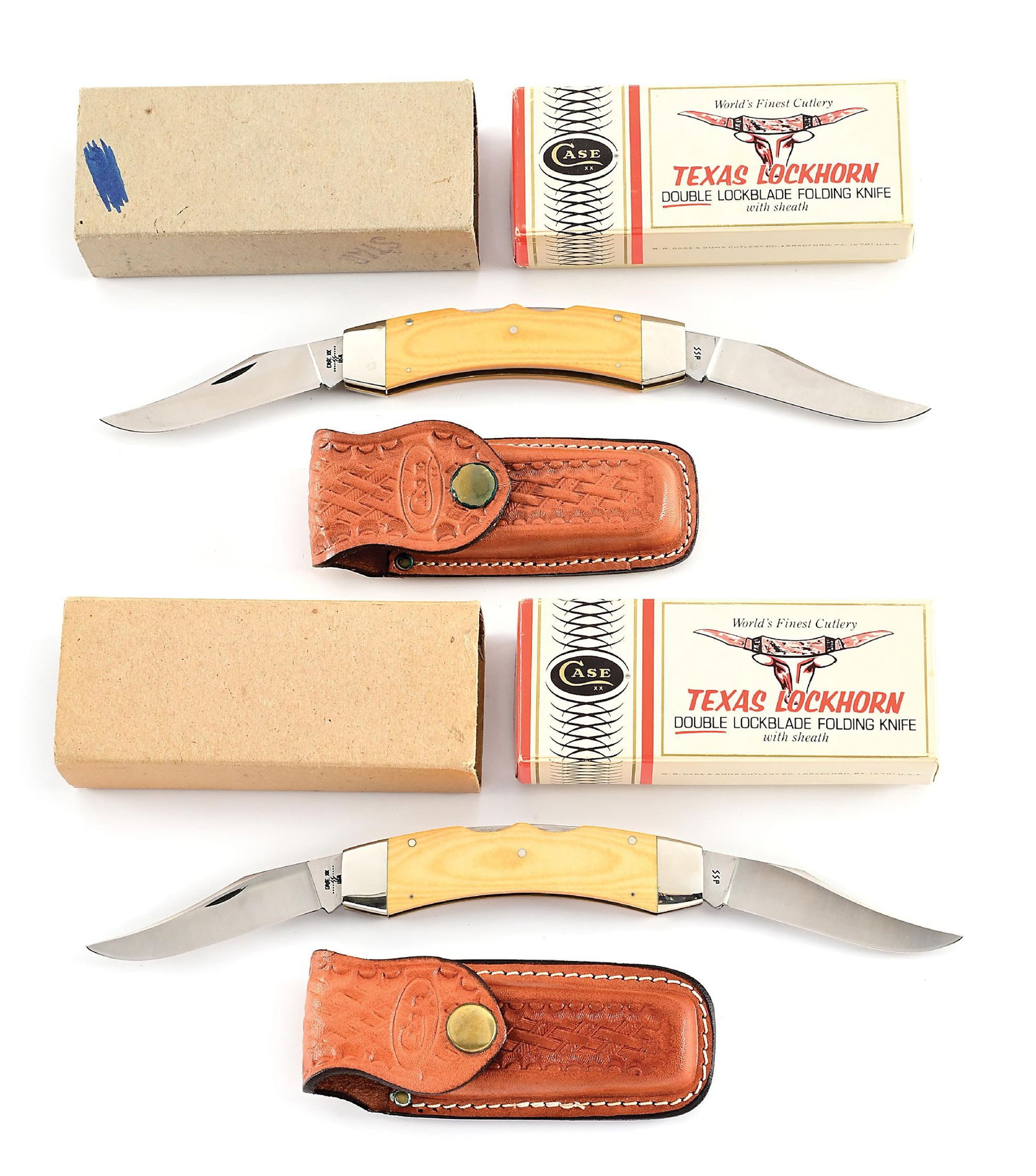 LOT OF 3: C. 1980 CASE XX USA 10 DOT TEXAS LOCKHORN KNIVES GOLD MICARTA IN ORIGINAL BOXES (1 of 13)