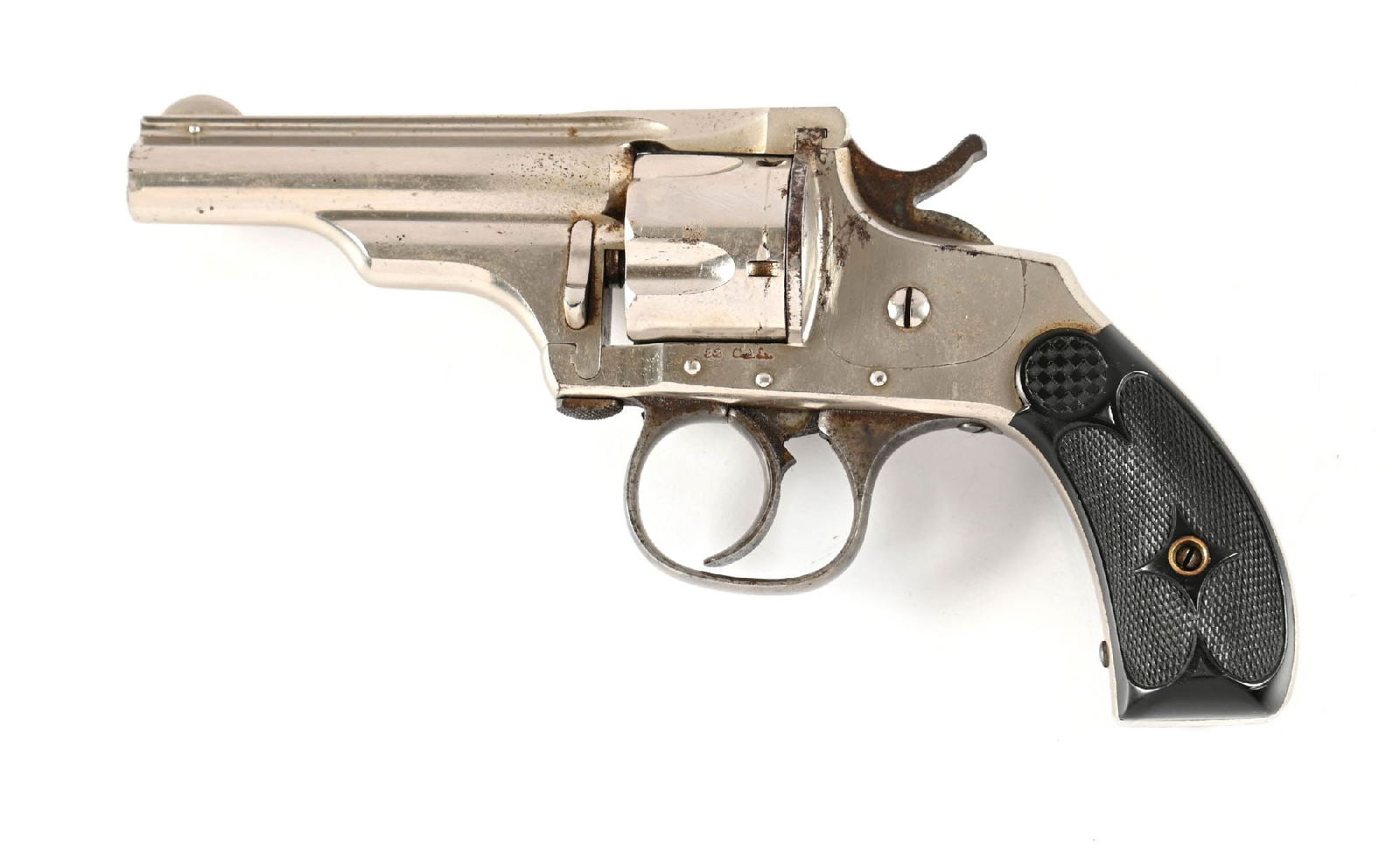 (A) MERWIN HULBERT SMALL FRAME POCKET MODEL DOUBLE ACTION REVOLVER.: Nickel finish, case color trigger guard and hammer with gutta percha grips. Matching numbers on barrel, cylinder and frame. The ribbed barrel sports the Merwin legend with caliber stamped on left side