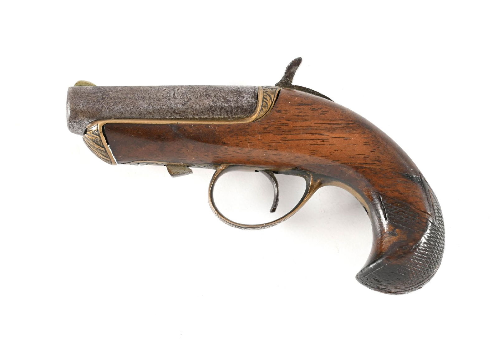 (A) WILLIAMSON'S SINGLE SHOT DERRINGER.: These were produced by both Moore and National between 1866 through 1870. Built as a .41 Rimfire, they also shipped with an second barrel for percussion use. Top of barrel shows the distinctive arrow