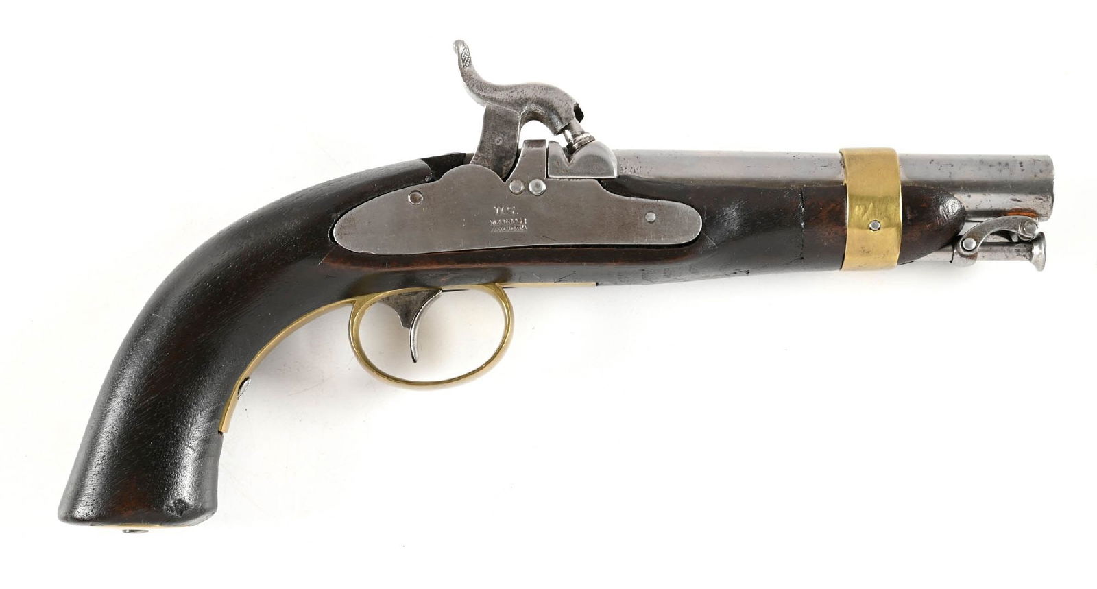 (A) U.S. MARKED MODEL 1842 PHILADELPHIA DERRINGER PERCUSSION PISTOL.: Finished in the white with brass furniture. The lock is stamped "US DERINGER PHILADELA". Barrel is stamped en suite with lock and with an "RP" inspector stamp for Richard Paine. Walnut stock. Swivel