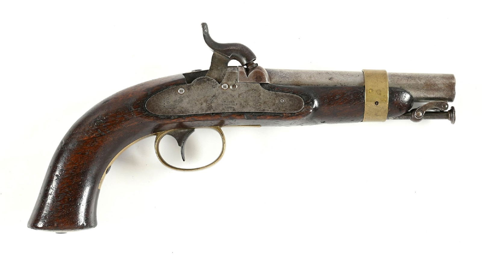 (A) N. P. AMES US MODEL 1842 NAVY PERCUSSION PISTOL.: The lock is dated 1844 with the Ames maker legend. The barrel is stamped "1844", "USN", "RP", and "P". Features iron hardware in the white with brass furniture and a walnut stock. Features a single