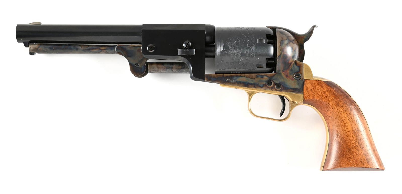 (A) COLT SECOND GENERATION THIRD MODEL DRAGOON SINGLE ACTION PERCUSSION REVOLVER.: Dates from 1980-1982. Not a replica but a continuation of the famous Colt 3rd Model Dragoon revolver featuring the blue and case color finish, roll die Ranger cylinder scene, brass straps, a round tri