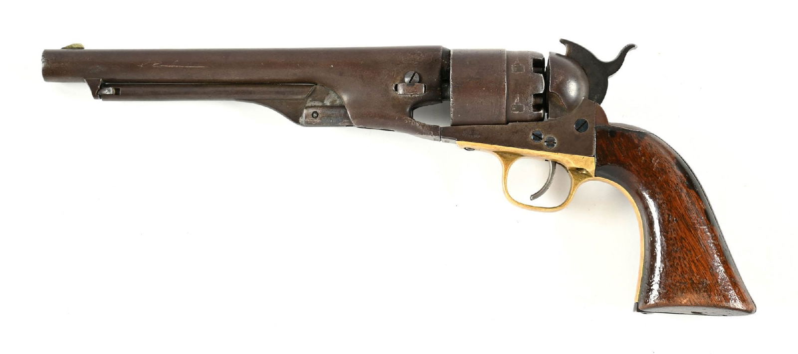 (A) COLT MARTIAL MODEL 1860 ARMY SINGLE ACTION PERCUSSION REVOLVER: Dates to 1862. Standard early war production with all matching numbers including the wedge and showing several government sub inspector stamps. The rebated cylinder exhibits the roll die naval scene
