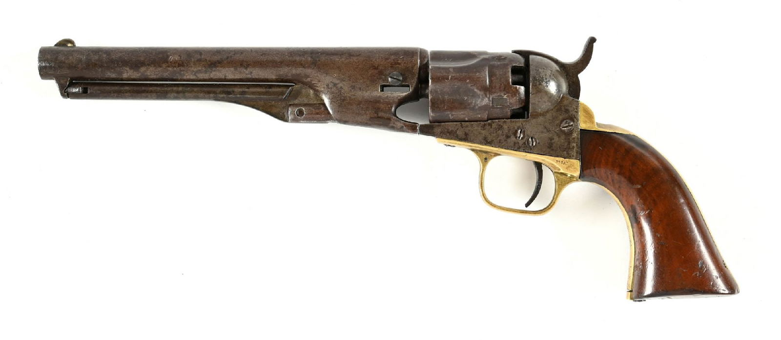 (A) COLT 1862 POLICE SINGLE ACTION PERCUSSION REVOLVER.: Dates to 1863. Standard configuration. Missing wedge and no visible serial number on cylinder. All existing numbers are matching. Features brass straps, walnut grips, Colts patent on frame with