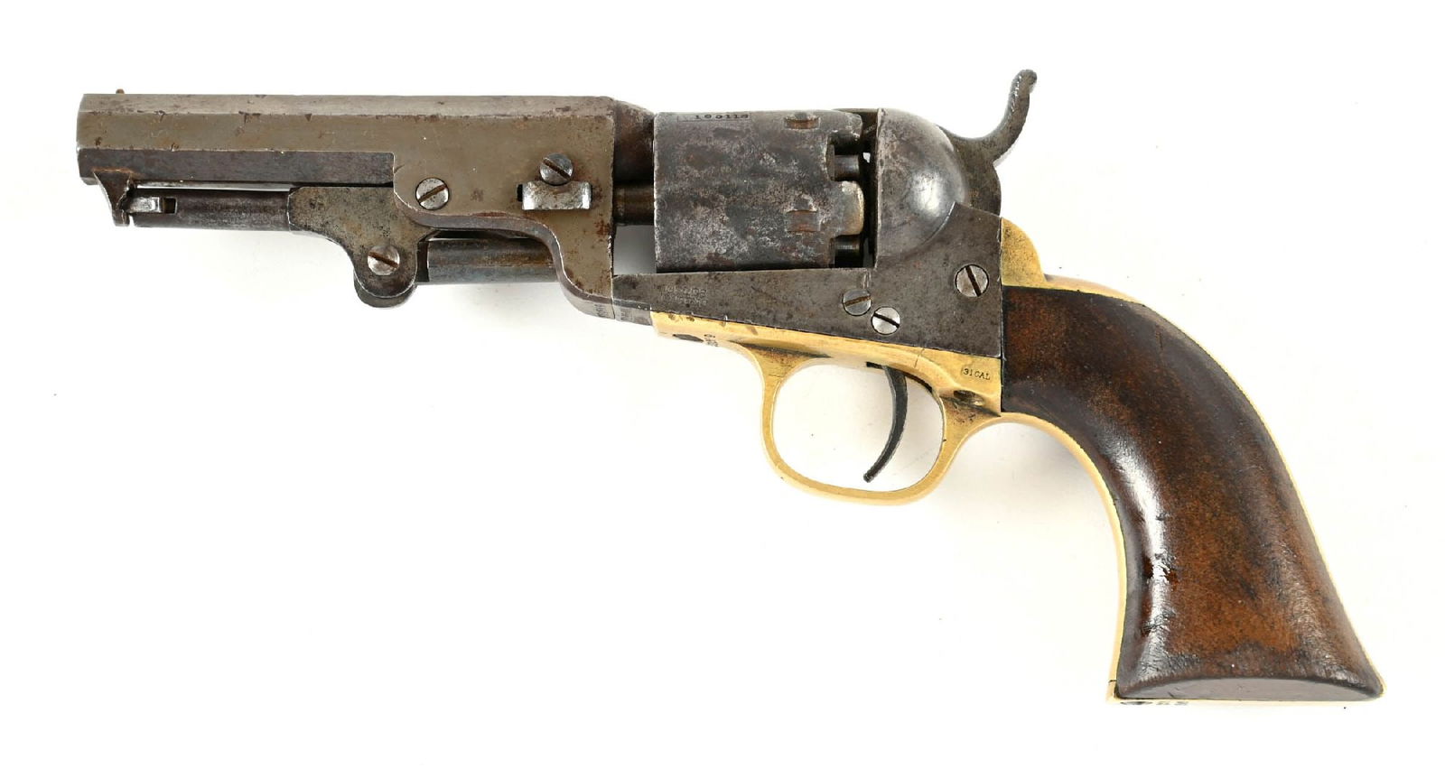 (A) COLT 1849 POCKET SINGLE ACTION PERCUSION REVOLVER.: Dates to 1871. The cylinder and loading lever have serial number ending in 5118. All others are 9569. Features the one line Colt New York barrel legend, Colt's patent on frame, brass straps, walnut gr