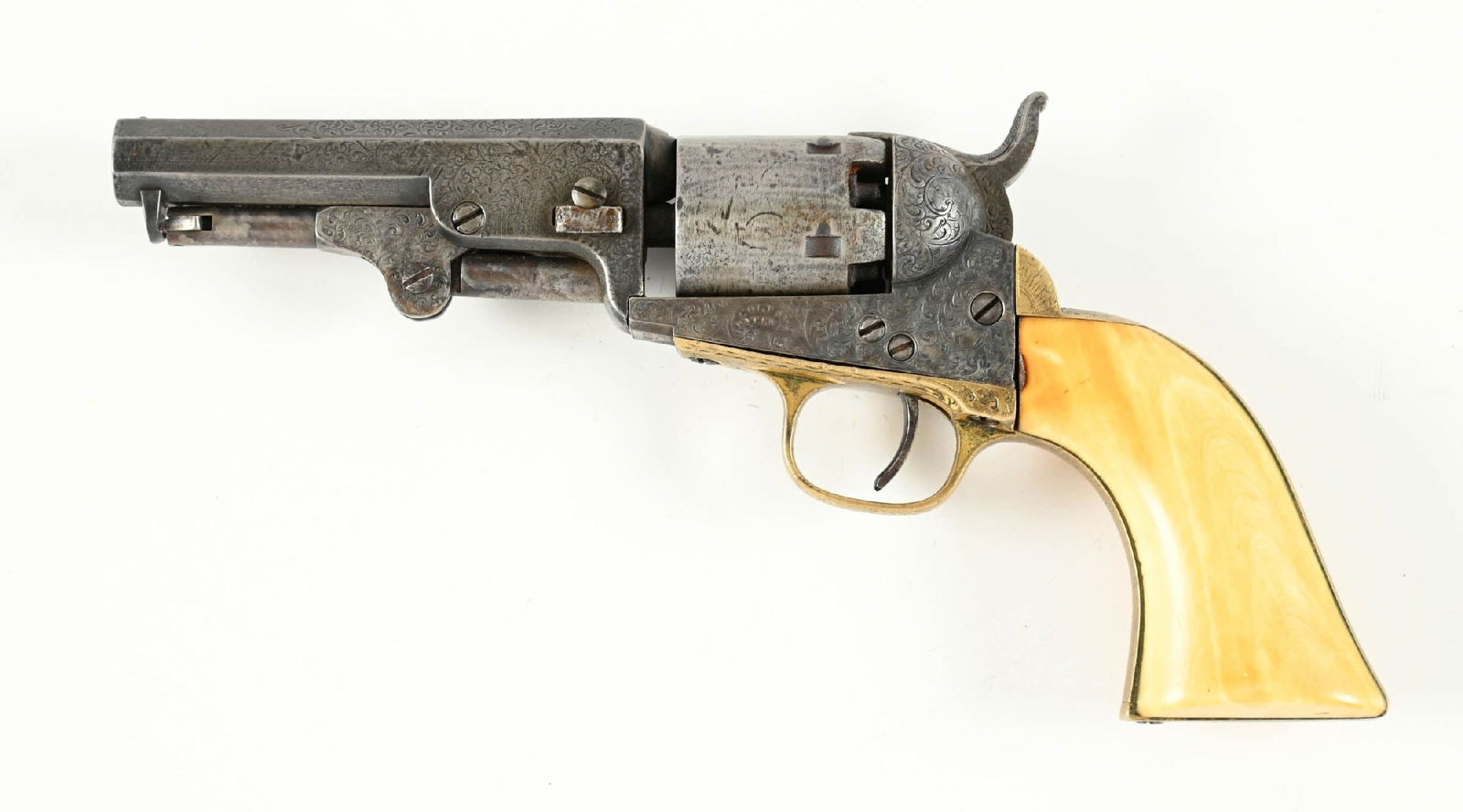 (A) FACTORY ENGRAVED COLT 1849 POCKET SINGLE ACTION PERCUSION REVOLVER.: Dates to 1856. This was a really ornate gun when made. The back strap and trigger guard retain some strong flashes of gold gilt finish. Grips are ivory. Gun features nearly full coverage factory bank