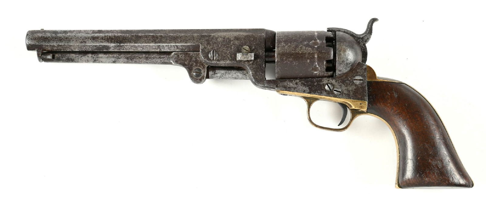 (A) COLT 1851 NAVY PERCUSION REVOLVER.: Dates to 1857. All matching numbers to include wedge but cannot see any numbers or scene on the cylinder. The barrel exhibits the one line Colt Hartford legend with Colts patent on frame. Straps are b