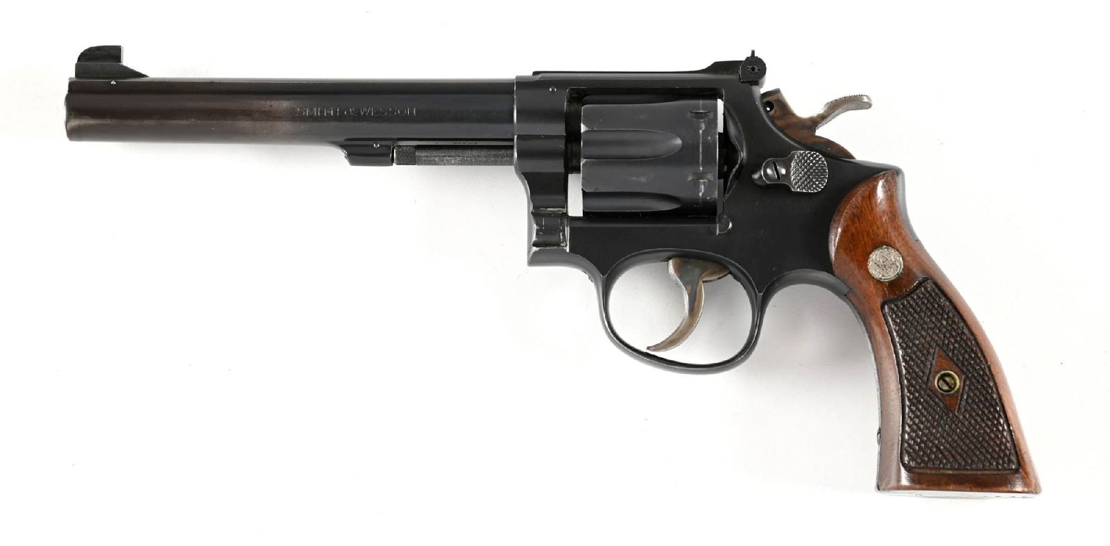 (C) SMITH & WESSON K38 MASTERPIECE .38 SPECIAL DOUBLE ACTION REVOLVER.: This revolver dates to 1970. All numbers are matching. Built on the square butt 4-screw K frame with a pinned barrel, solid rib, Partridge front sight, adjustable rear sight, case colored wide spur ha